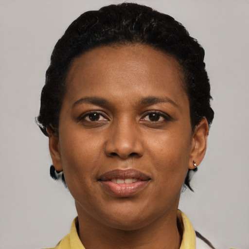 Joyful black young-adult female with short  brown hair and brown eyes