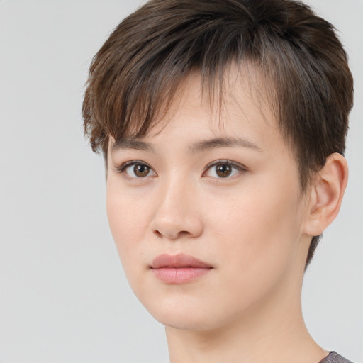 Neutral white young-adult female with short  brown hair and brown eyes