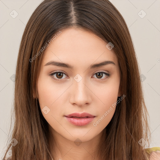 Neutral white young-adult female with long  brown hair and brown eyes