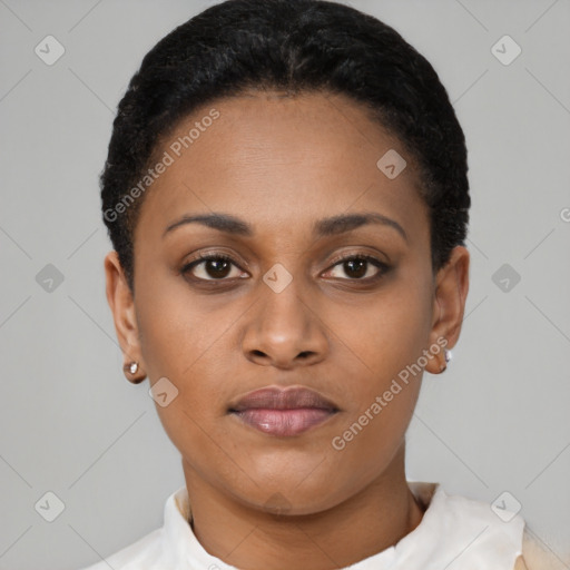 Neutral black young-adult female with short  brown hair and brown eyes