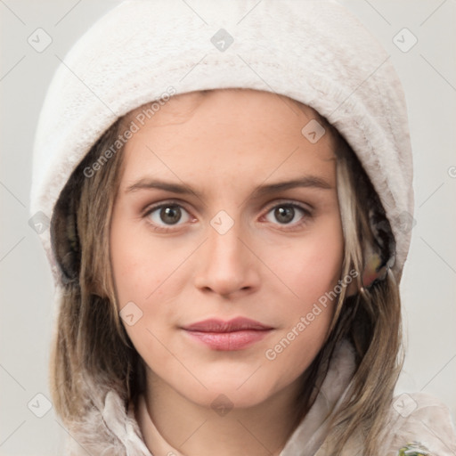 Neutral white young-adult female with medium  brown hair and grey eyes