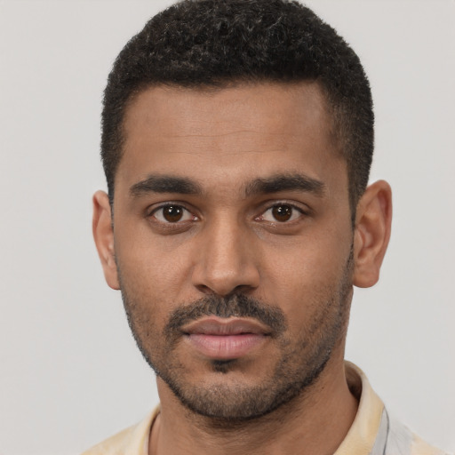 Neutral black young-adult male with short  black hair and brown eyes