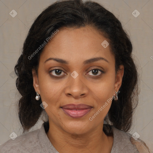 Joyful black young-adult female with medium  brown hair and brown eyes