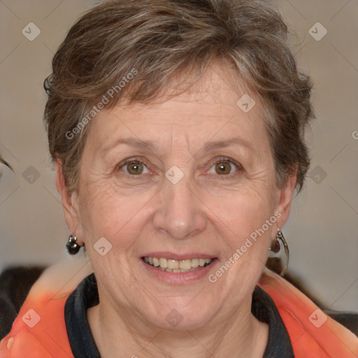 Joyful white middle-aged female with medium  brown hair and brown eyes