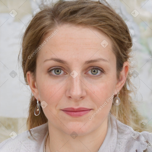 Joyful white young-adult female with medium  brown hair and blue eyes