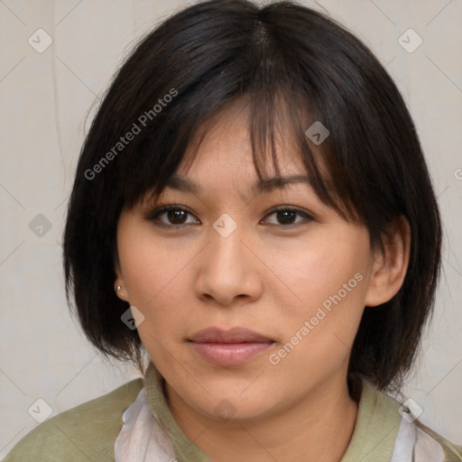 Neutral white young-adult female with medium  brown hair and brown eyes