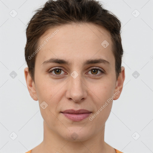 Joyful white young-adult female with short  brown hair and brown eyes