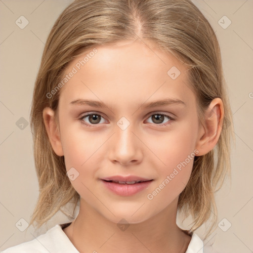 Joyful white child female with medium  brown hair and brown eyes