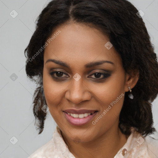 Joyful black young-adult female with medium  brown hair and brown eyes