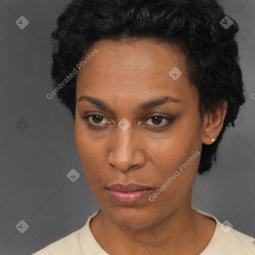 Neutral black adult female with short  black hair and brown eyes