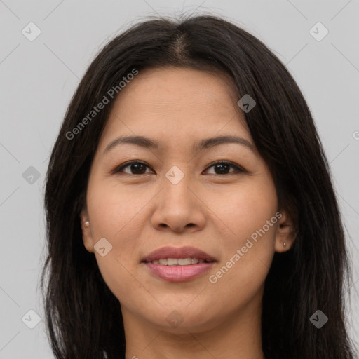 Joyful asian young-adult female with long  brown hair and brown eyes