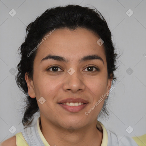 Joyful latino young-adult female with short  brown hair and brown eyes