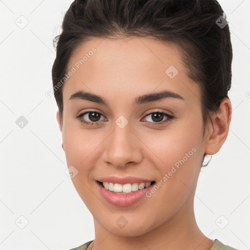 Joyful white young-adult female with short  brown hair and brown eyes