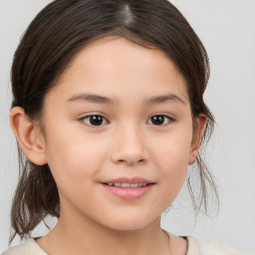 Joyful white child female with medium  brown hair and brown eyes