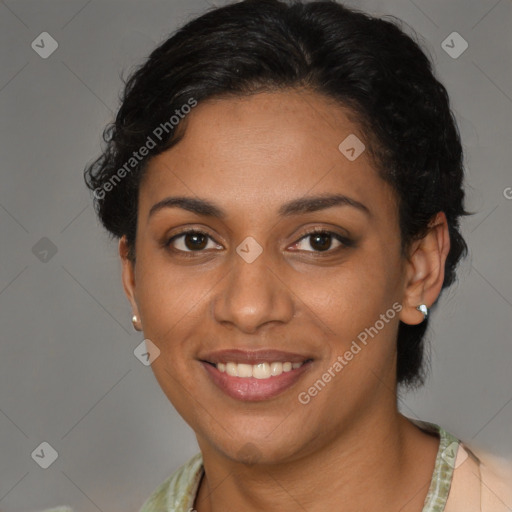 Joyful latino young-adult female with short  brown hair and brown eyes