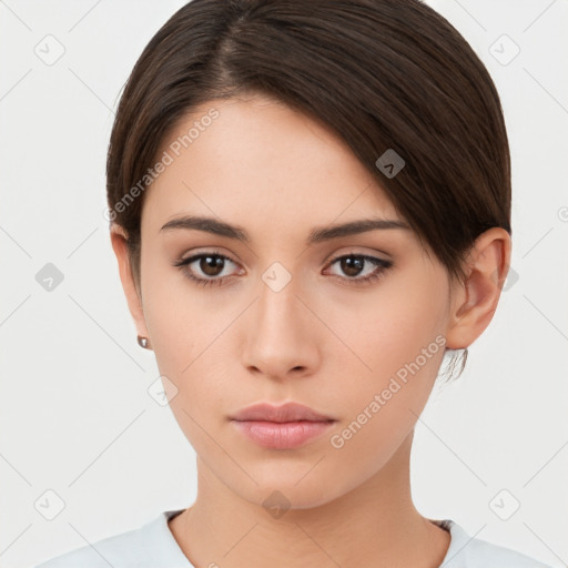 Neutral white young-adult female with short  brown hair and brown eyes