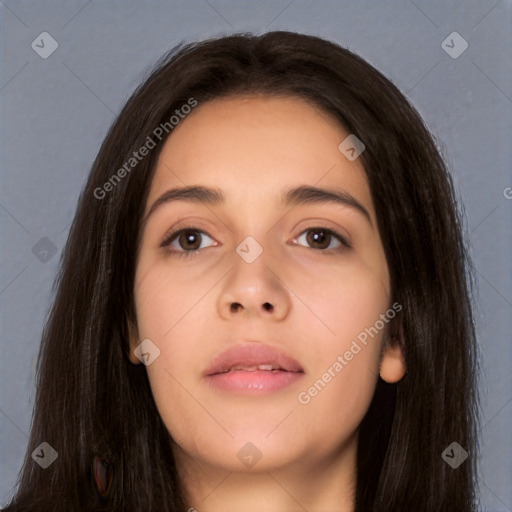 Neutral white young-adult female with long  brown hair and brown eyes