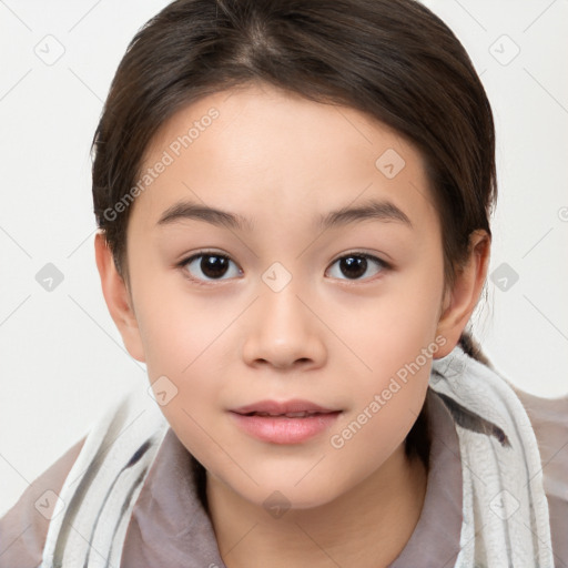 Joyful white child female with medium  brown hair and brown eyes