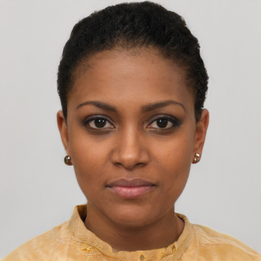 Neutral black young-adult female with short  black hair and brown eyes