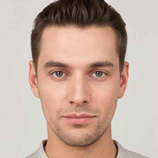 Neutral white young-adult male with short  brown hair and brown eyes