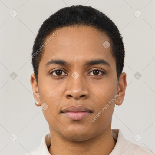 Neutral latino young-adult male with short  black hair and brown eyes