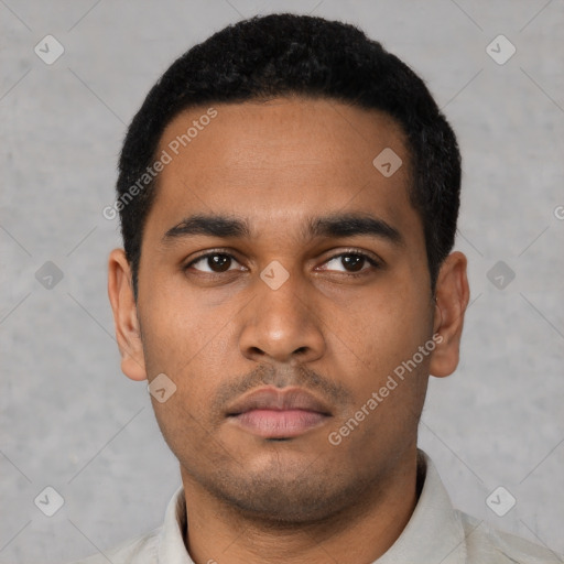 Neutral latino young-adult male with short  black hair and brown eyes