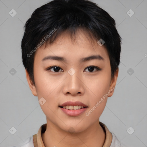 Joyful asian young-adult female with short  black hair and brown eyes