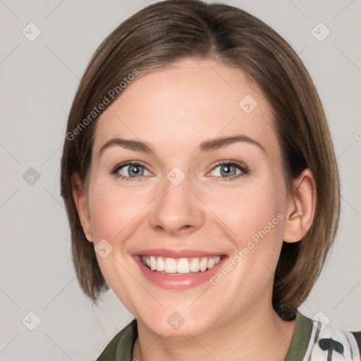 Joyful white young-adult female with medium  brown hair and grey eyes