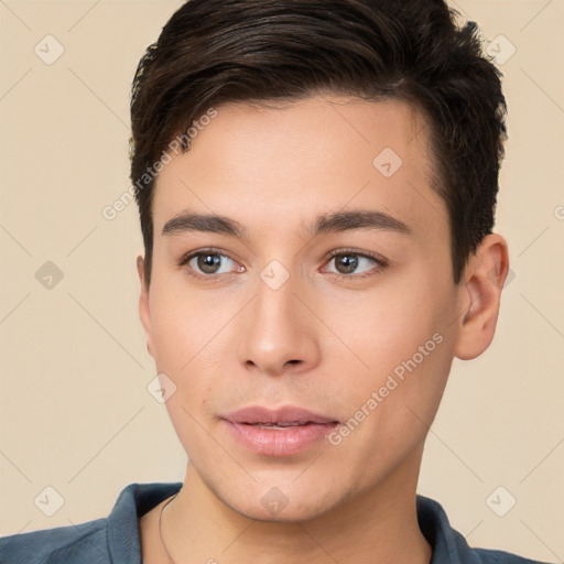 Neutral white young-adult male with short  brown hair and brown eyes