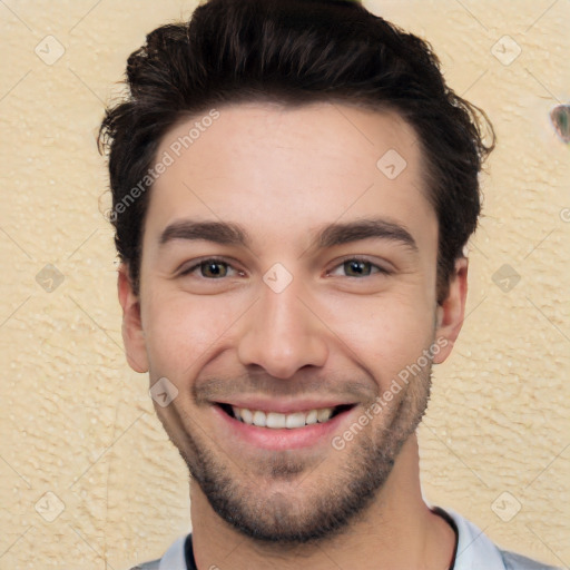 Joyful white young-adult male with short  black hair and brown eyes