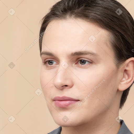 Neutral white young-adult female with short  brown hair and brown eyes