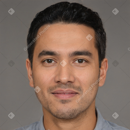 Joyful latino young-adult male with short  black hair and brown eyes