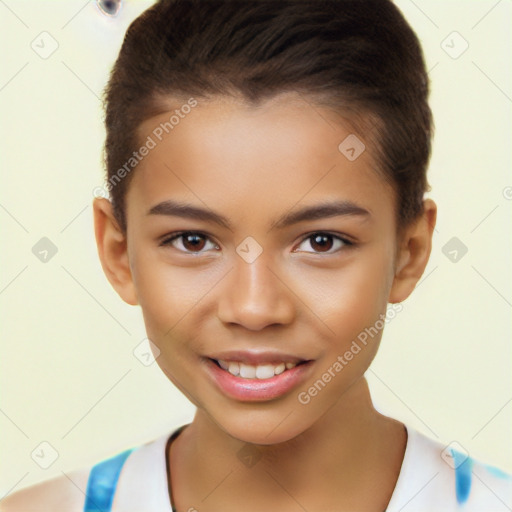 Joyful white child female with short  brown hair and brown eyes