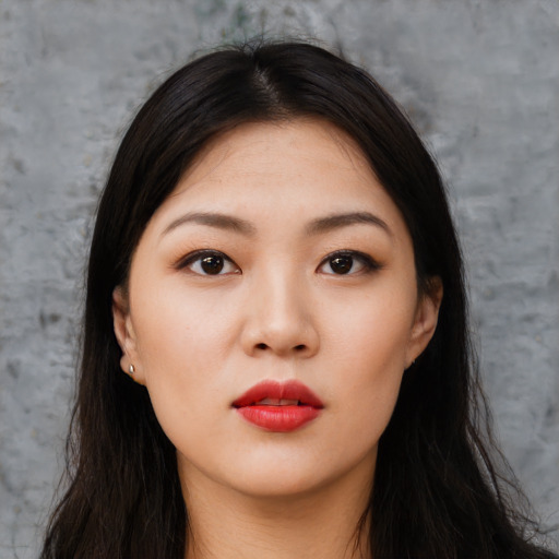 Neutral asian young-adult female with long  brown hair and brown eyes
