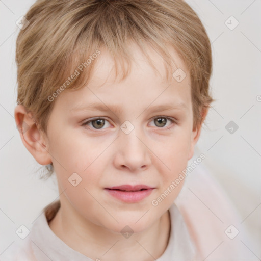 Joyful white child female with short  brown hair and grey eyes