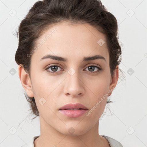 Neutral white young-adult female with medium  brown hair and brown eyes