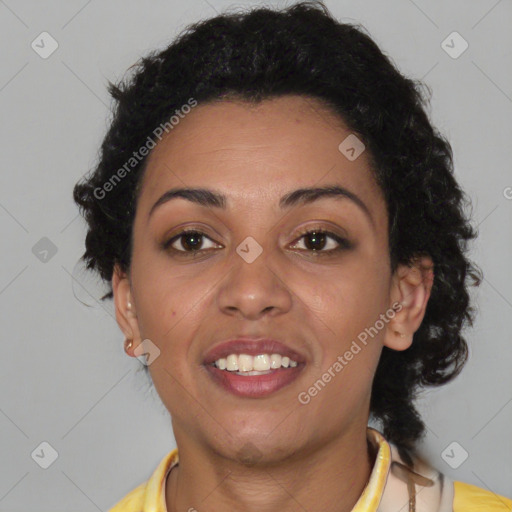 Joyful latino young-adult female with short  brown hair and brown eyes