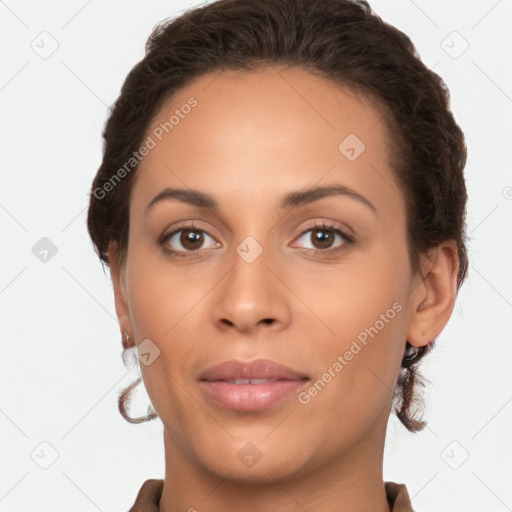 Joyful latino young-adult female with long  brown hair and brown eyes