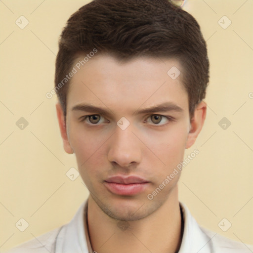 Neutral white young-adult male with short  brown hair and brown eyes