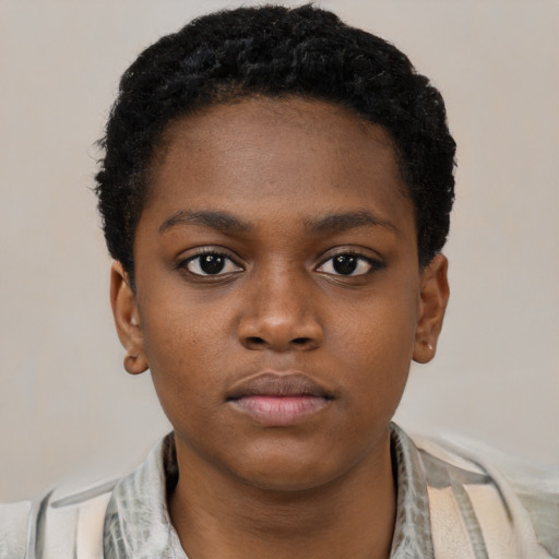 Neutral black young-adult female with short  brown hair and brown eyes