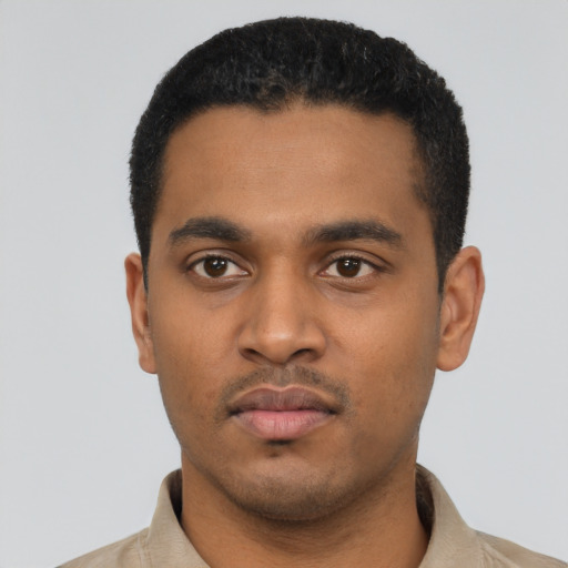 Neutral latino young-adult male with short  black hair and brown eyes