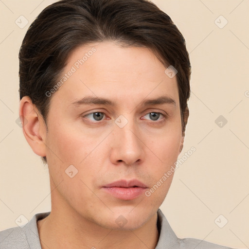 Neutral white young-adult male with short  brown hair and brown eyes