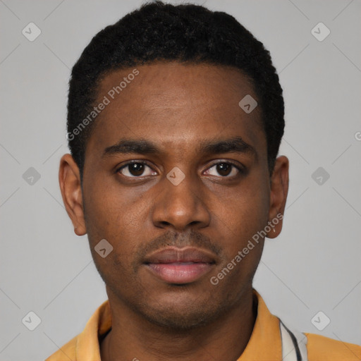 Neutral latino young-adult male with short  black hair and brown eyes