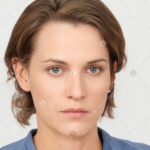 Neutral white young-adult female with medium  brown hair and grey eyes