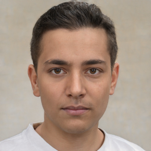 Neutral white young-adult male with short  brown hair and brown eyes