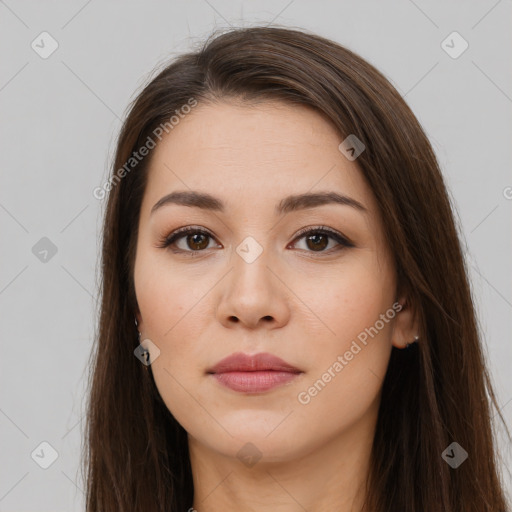 Neutral white young-adult female with long  brown hair and brown eyes