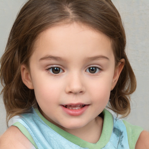 Joyful white child female with medium  brown hair and brown eyes