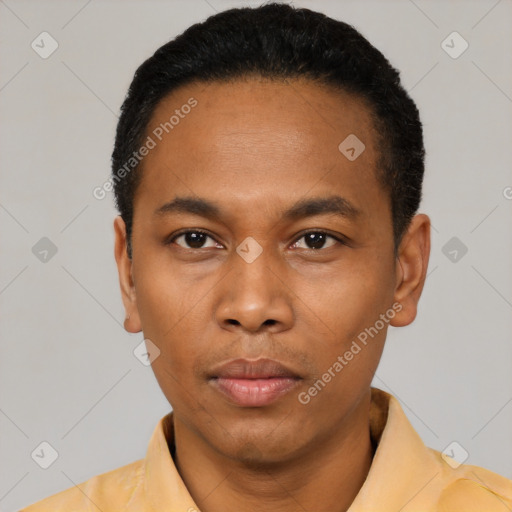 Neutral black young-adult male with short  black hair and brown eyes