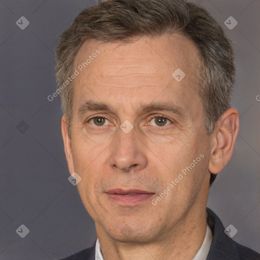 Neutral white middle-aged male with short  brown hair and brown eyes