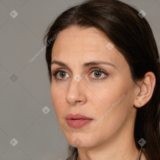 Neutral white adult female with medium  brown hair and brown eyes